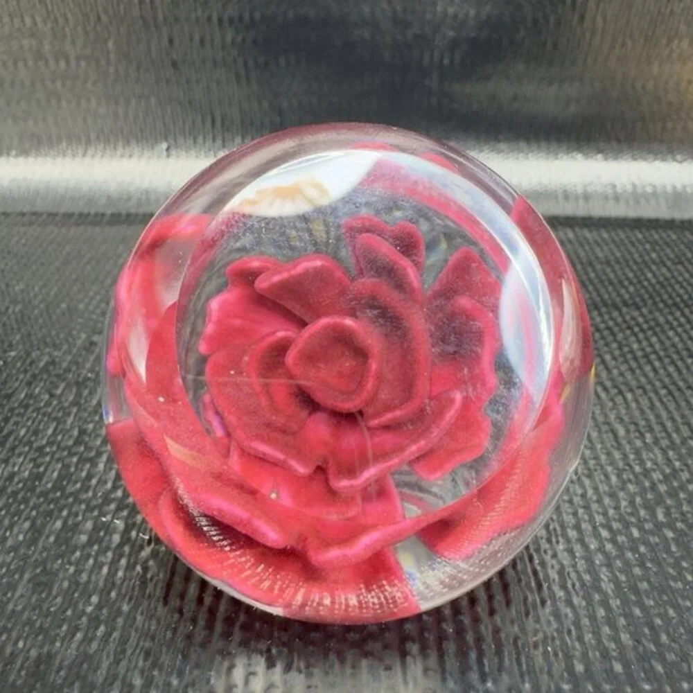 1995 GES Glass Paperweight Red Rose Flower Faceted Signed Don Juan Vintage Decor